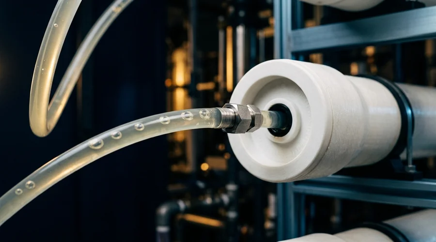 RO membrane cleaning chemicals comparison infographic — cleaning solution circulating through transparent tubing into a membrane housing | Global Formulation