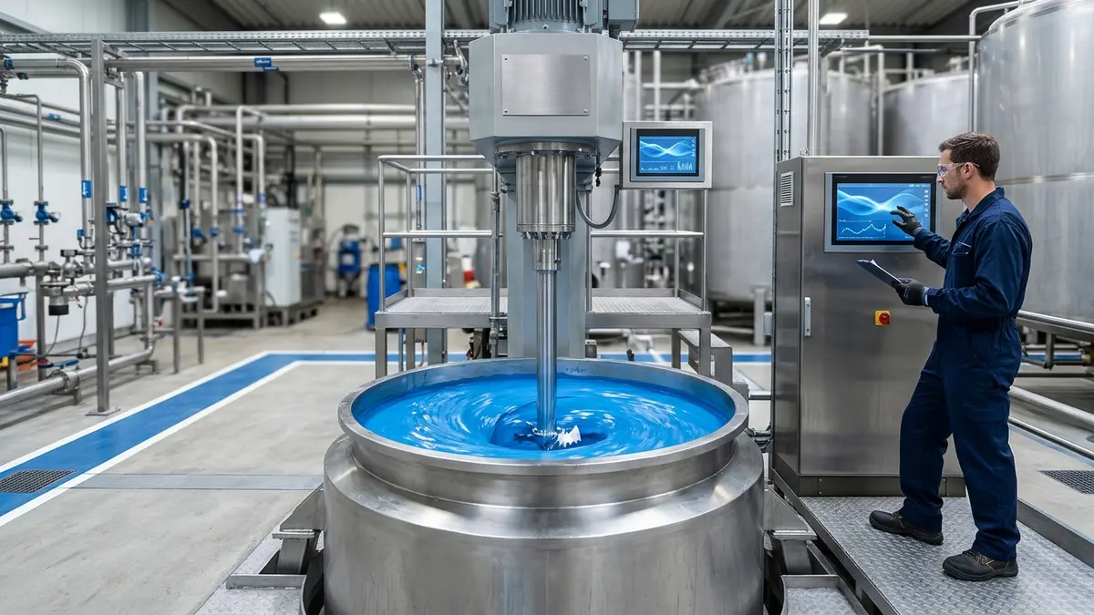 Operario junto a un dispersor de alta velocidad que agita pintura azul en un recipiente de acero inoxidable dentro de una planta de fabricación