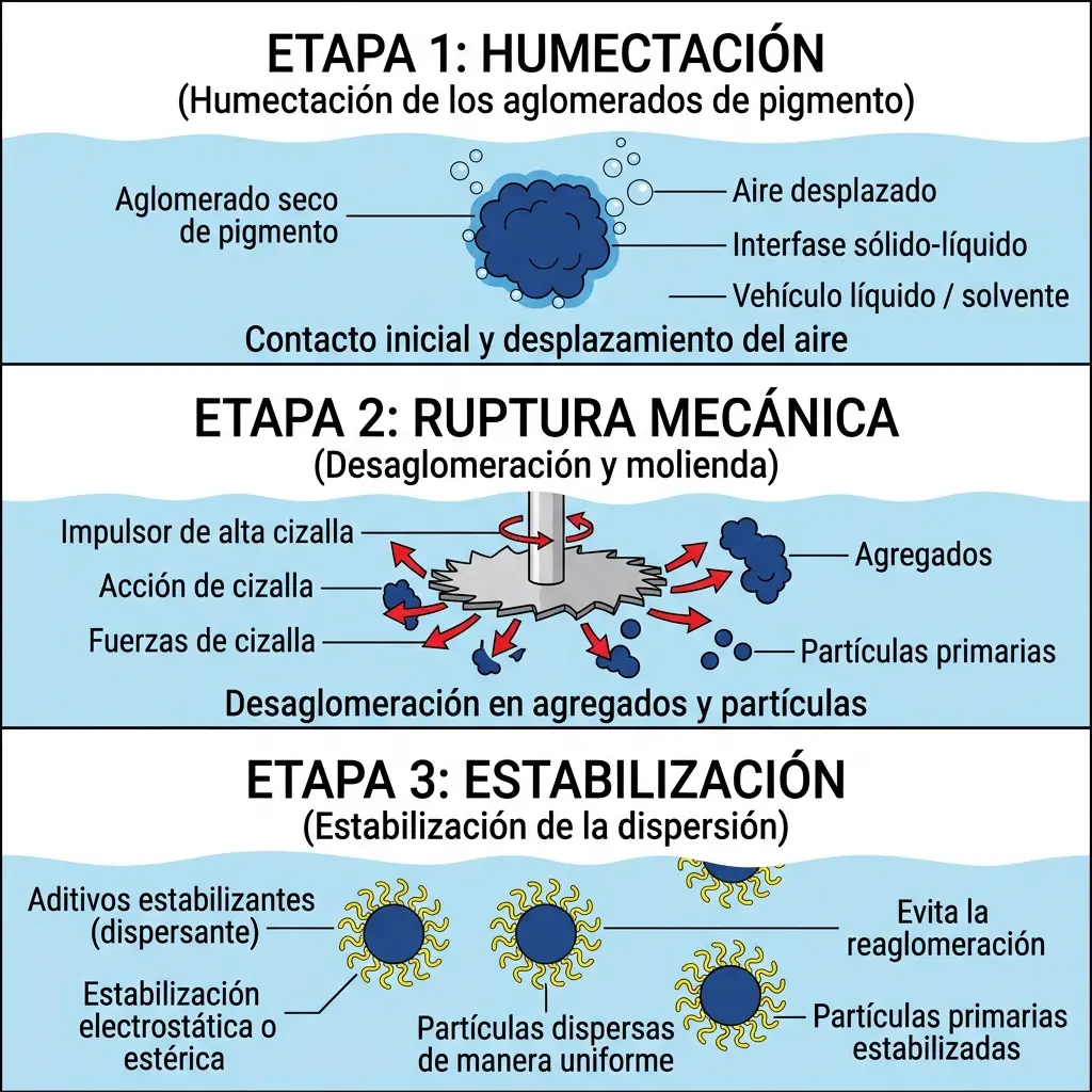 Esquema en tres paneles de las etapas de la dispersión: humectación del aglomerado, ruptura mecánica con un agitador de alta cizalla y estabilización de las partículas