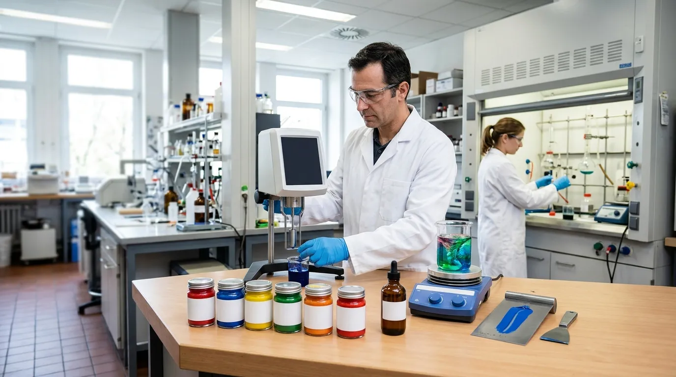 Laboratorio de pinturas con dos técnicos, un viscosímetro, frascos de pigmentos de colores y una galga Hegman con pintura azul sobre la mesa