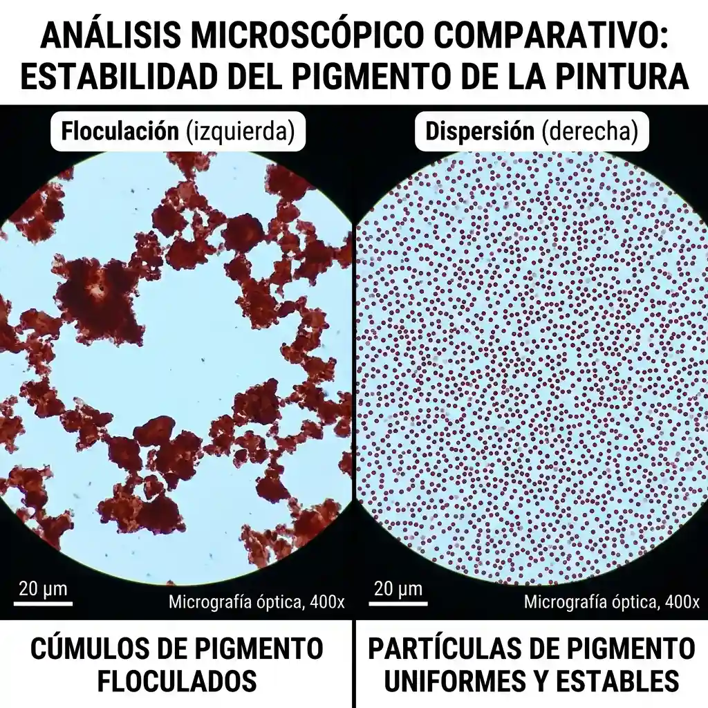 Dos micrografías de pigmento rojo: a la izquierda, cúmulos floculados irregulares; a la derecha, partículas pequeñas distribuidas de manera uniforme