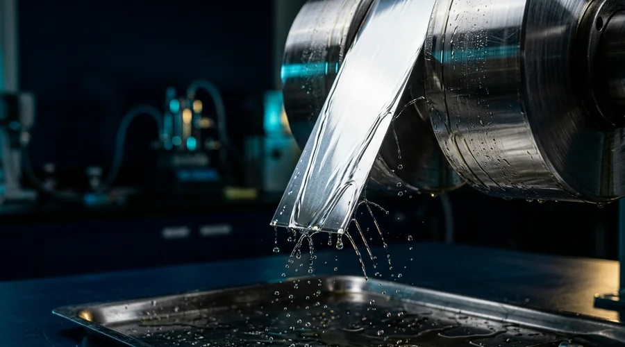 aluminium sheet rolling oil spray — low-viscosity rolling oil sheeting off bright aluminium strip as it leaves the roll bite | Global Formulation diagram