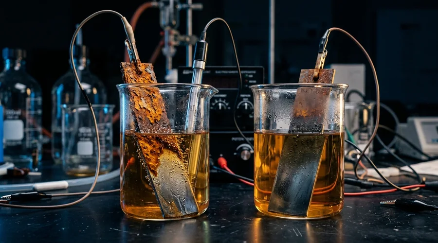 phosphoric acid rust remover reaction — corroded steel coupon dissolving in an acid solution inside a glass beaker on a laboratory bench | Global Formulation