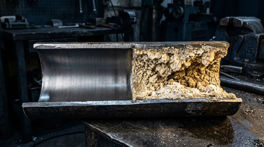 industrial scale removal before and after pipe — a cut steel pipe section showing thick mineral scale on one half and cleaned bare metal on the other | Global Formulation