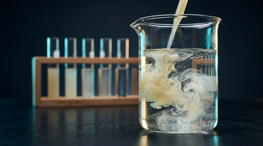 disinfectant efficacy laboratory testing process diagram — a cloudy bacterial suspension meeting a clear disinfectant dilution inside a glass beaker on a dark laboratory bench | Global Formulation
