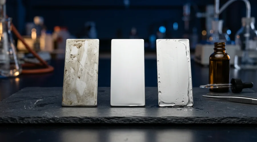 cleaner vs antimicrobial claim comparison infographic — three stainless steel hard-surface test coupons under laboratory lighting, one greasy, one freshly washed, one wet with a clear treatment film | Global Formulation