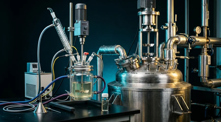 scale-down model process detail — small jacketed laboratory glass reactor beside a large stainless production reactor showing the change in scale with matching impeller geometry | Global Formulation