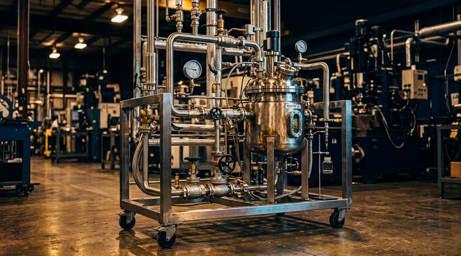 scale-down model production scene — pilot plant reactor skid with sample points, stainless pipework, hand valves and a jacketed vessel under warm industrial lighting | Global Formulation