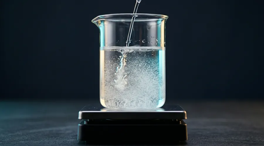 scale inhibitor water treatment process diagram — clear inhibitor solution dosed into hard water in a heated glass vessel | Global Formulation