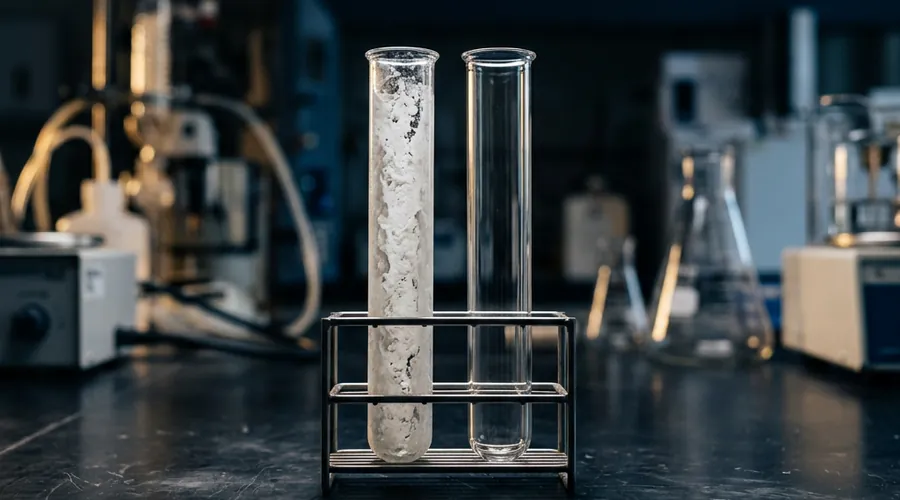 scale inhibitor water treatment comparison infographic — two glass tubes showing scaled versus protected surfaces after hot-water service | Global Formulation
