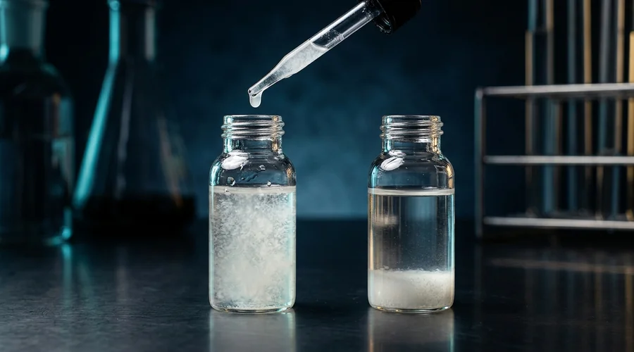 zinc pyrithione suspension being tested in a laboratory — cloudy white active ingredient suspension in a glass vial under lab lighting | Global Formulation