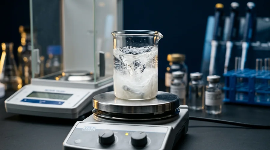 scalp care active ingredient dispersion test — formulation technician evaluating particle dispersion of an antifungal active under laboratory lighting | Global Formulation