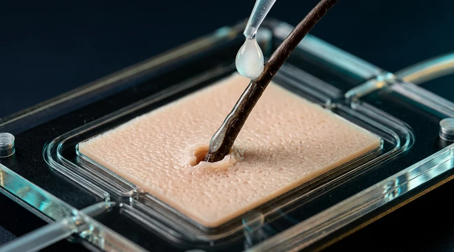 hair follicle actives delivery — a magnified view of active-loaded serum penetrating along the hair shaft and follicular opening into the scalp | Global Formulation diagram
