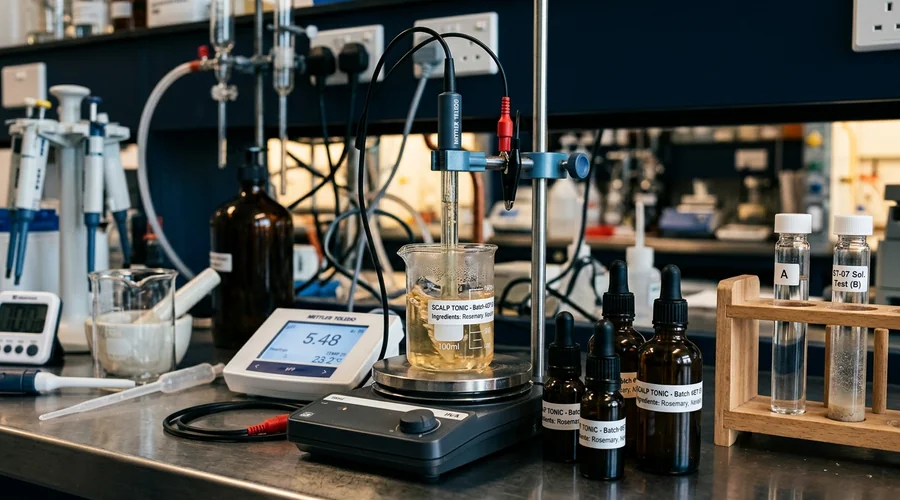 hair growth tonic formulation chemistry — a scalp tonic being developed on a laboratory bench with pH meter, amber dropper bottles and solubility test vials | Global Formulation infographic