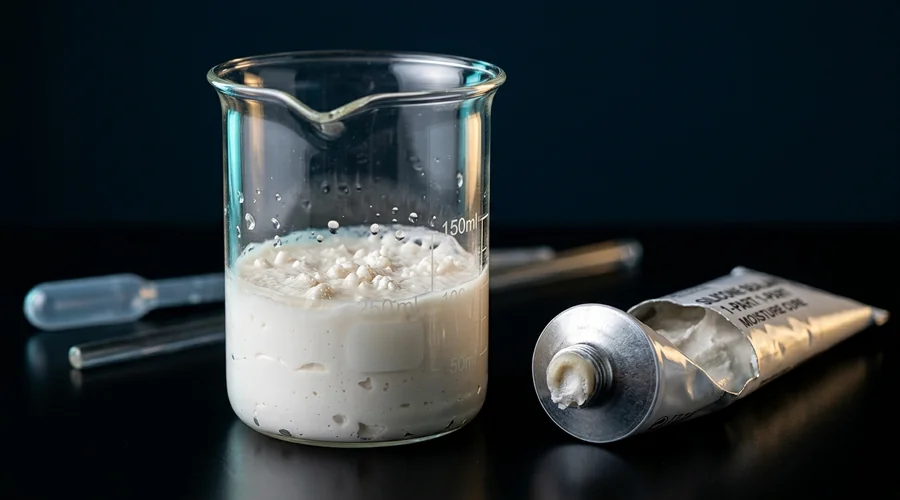 Sealant adhesive shelf life process diagram — cured skin and gel lumps forming on sealant paste in a glass beaker beside a cut-open tube | Global Formulation