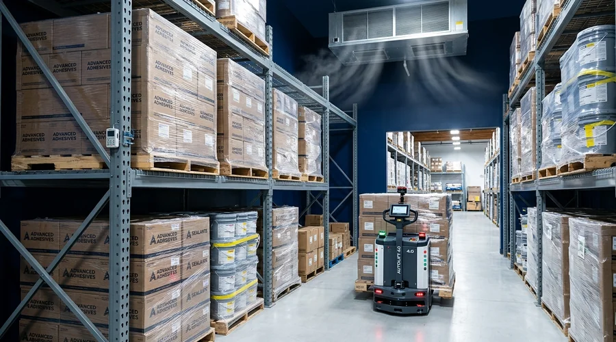 Adhesive storage temperature stability comparison infographic — palletised sealant cartons on racking in a climate-controlled warehouse | Global Formulation