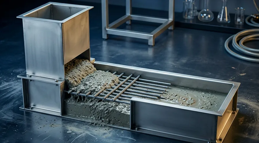 self compacting concrete admixture comparison infographic — L-box test apparatus with concrete flowing past reinforcement bars | Global Formulation