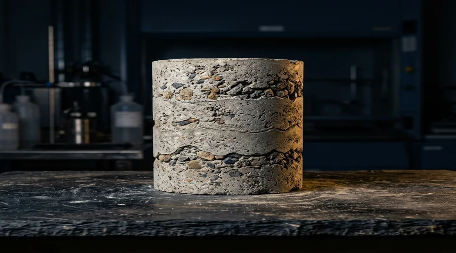 shotcrete accelerator chemistry comparison infographic — sprayed concrete buildup cross section sample on a laboratory bench | Global Formulation infographic