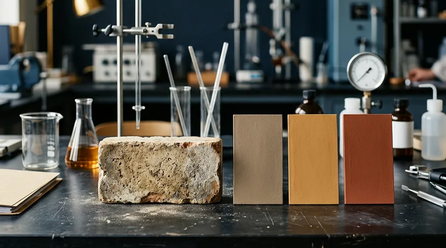 heritage masonry silicate paint restoration — weathered lime-rendered brick sample beside freshly painted mineral test panels | Global Formulation