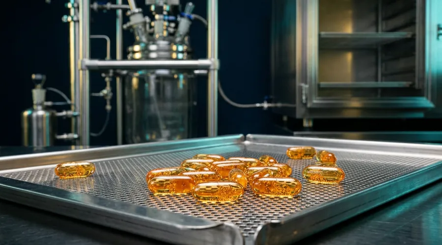 softgel capsule process diagram — amber softgels spread on a perforated stainless steel drying tray beside a drying oven | Global Formulation