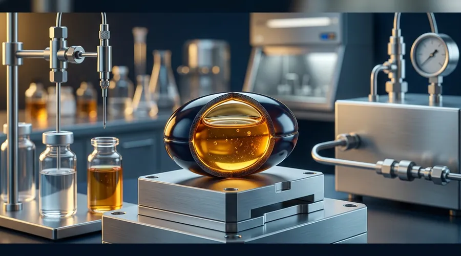 softgel fill matrix comparison infographic — sectioned softgel showing the shell wall around an amber liquid fill | Global Formulation