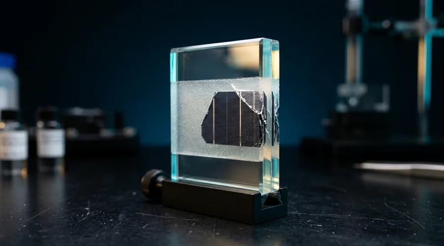 EVA POE encapsulant cross section — layered glass, encapsulant sheet, and solar cell laminate structure | Global Formulation diagram