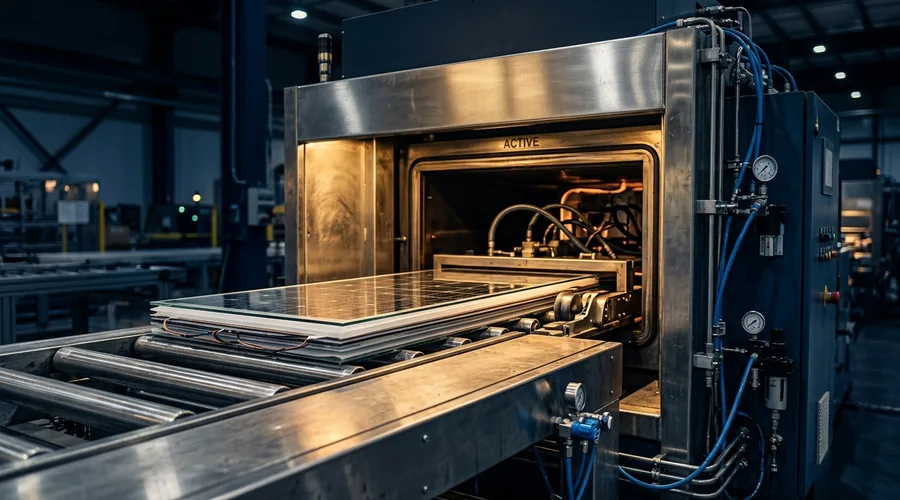 PV module lamination process line — vacuum laminator processing glass and encapsulant sheets on a factory line | Global Formulation