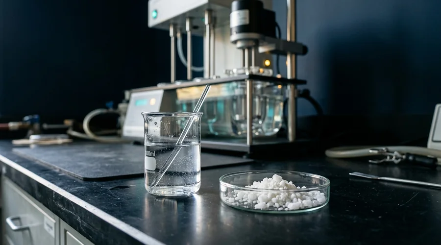 soluble liquid formulation agrochemical process diagram — white soluble granules in a glass dish beside a clear prepared solution | Global Formulation