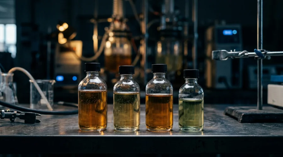 soluble liquid formulation agrochemical comparison infographic — clear agrochemical solutions in laboratory bottles under dim lighting | Global Formulation