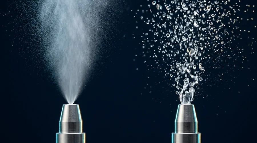 spray drift control agent process diagram — coarse and fine droplet spray patterns compared side by side | Global Formulation