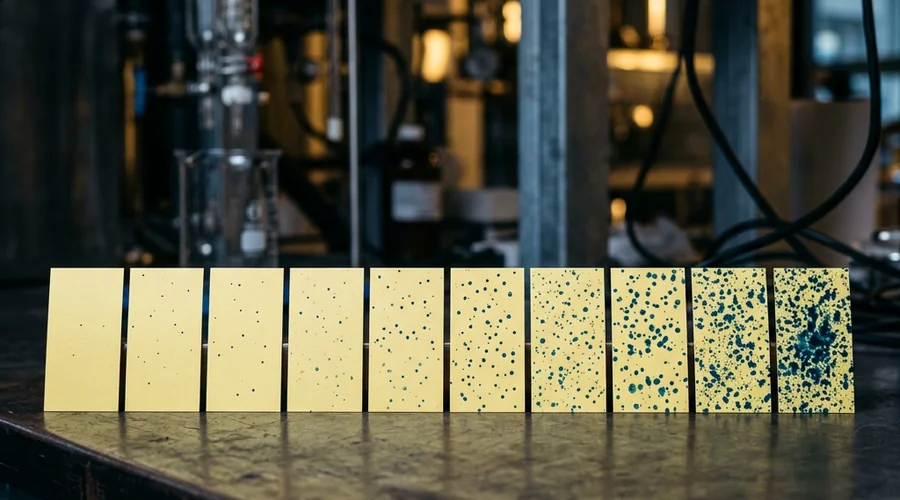 spray drift control agent comparison infographic — water sensitive paper cards showing different droplet deposition densities | Global Formulation