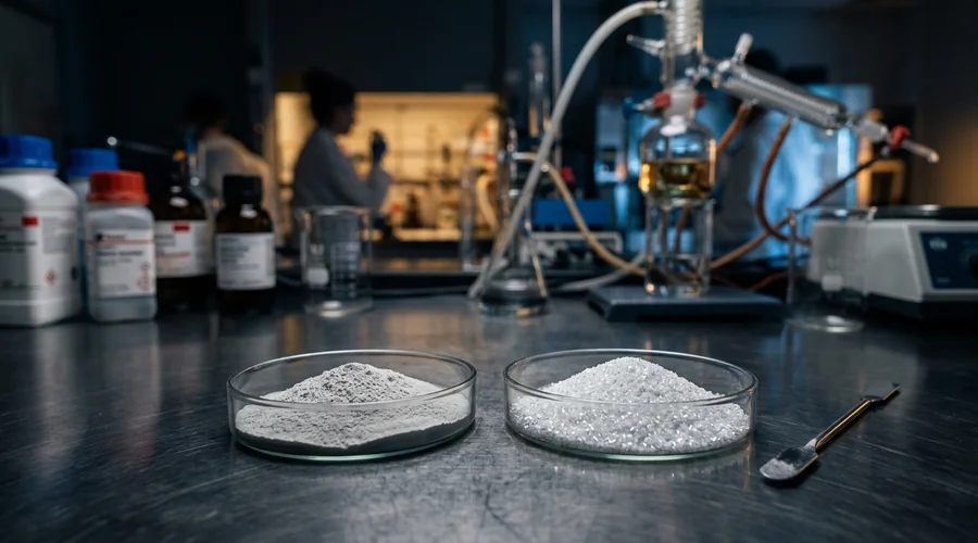 spray drying pharmaceutical comparison infographic — amorphous and crystalline powder samples compared in glass dishes | Global Formulation