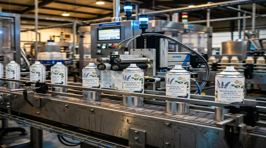 air freshener aerosol equipment setup — finished air freshener aerosol cans being labeled and shrink wrapped in an FMCG production unit | Global Formulation