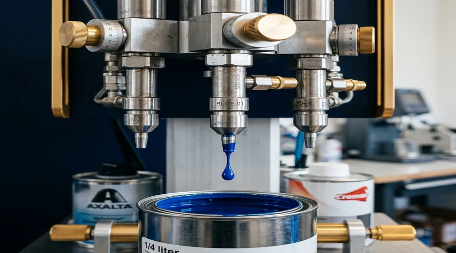 automotive touch up paint equipment setup — paint mixing machine with precision dosing dispensers in an automotive refinish business | Global Formulation