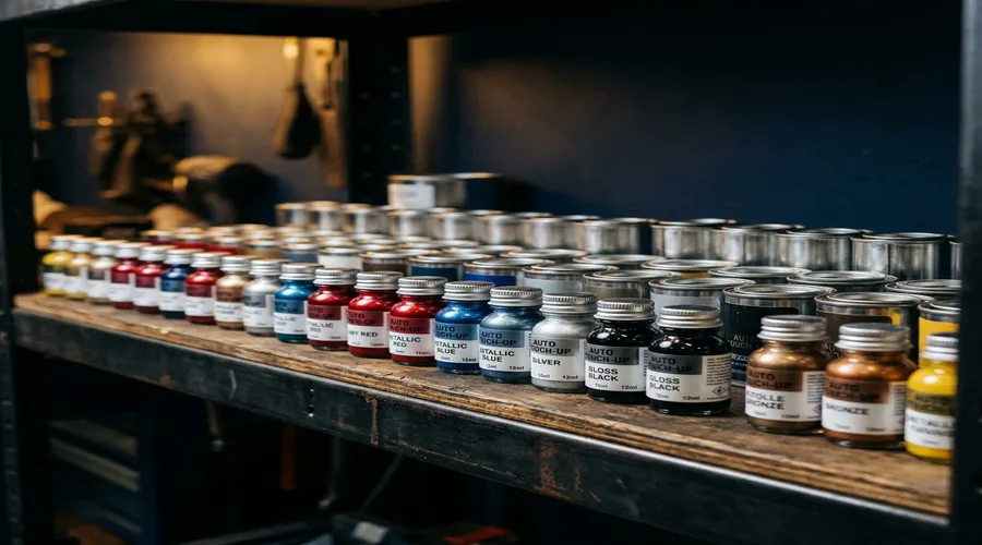 automotive touch up paint production process — rows of automotive touch-up paint tins in various colors on a workshop shelf | Global Formulation