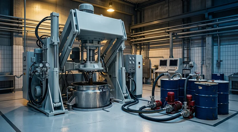 construction joint sealant manufacturing equipment setup — polyol and isocyanate component drums in a construction sealant production facility | Global Formulation