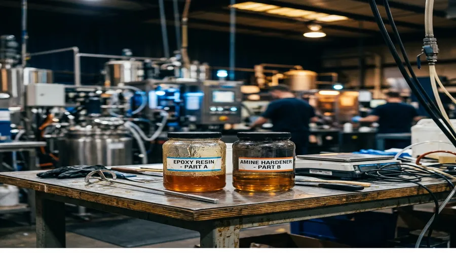 epoxy adhesive equipment setup — epoxy resin Part A and amine hardener Part B in labeled containers on a production bench | Global Formulation