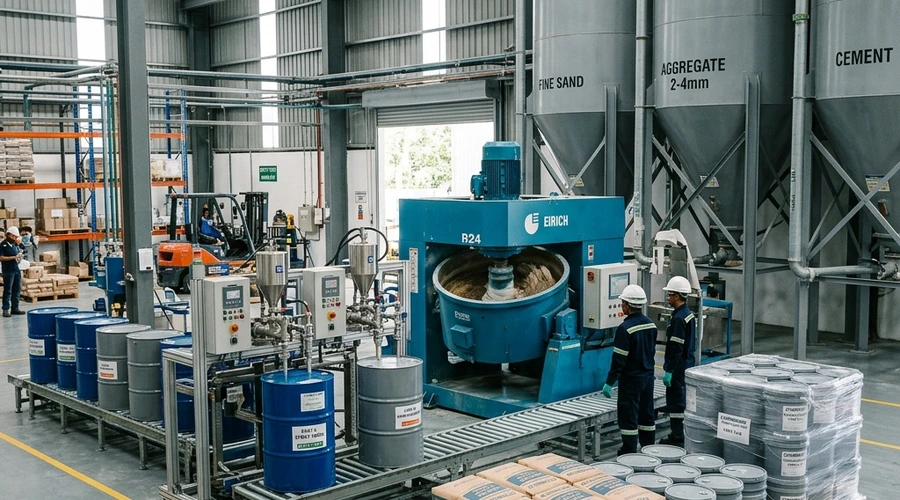 epoxy repair mortar manufacturing business equipment setup — epoxy resin Part A and amine hardener Part B in labeled drums in a repair chemical production facility | Global Formulation