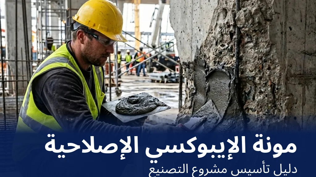 مشروع تصنيع مونة الإيبوكسي الإصلاحية — مونة إيبوكسي إصلاحية تُمسَّح بالمالج على عمود خرساني متقشر في منشأة صناعية | Global Formulation