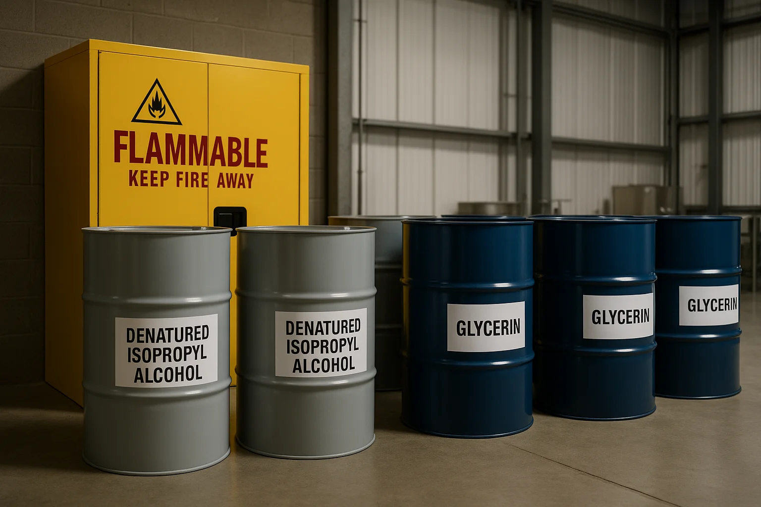 hand sanitizer manufacturing equipment setup — isopropyl alcohol and glycerin drums in a sanitizer blending area | Global Formulation