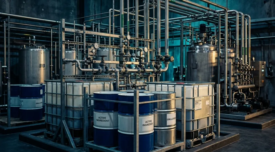 pesticide formulation unit production process — herbicide active ingredient and emulsifier raw materials in a secure chemical storage area | Global Formulation