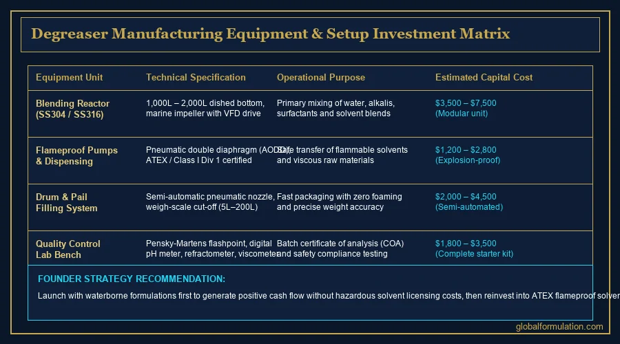 industrial degreaser equipment setup — degreaser production blending vessel with heating coil and impeller in a chemical manufacturing unit | Global Formulation