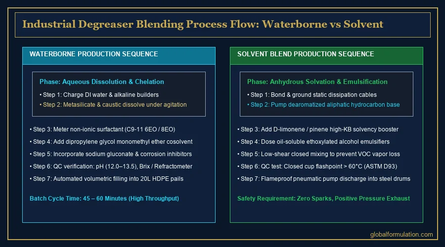 industrial degreaser production process — solvent and non-ionic surfactant drums in a ventilated industrial degreaser production facility | Global Formulation