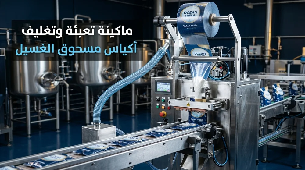 تجهيزات معدات مسحوق الغسيل — ماكينة تعبئة وتغليف أكياس مسحوق الغسيل في وحدة إنتاج سلع استهلاكية | Global Formulation