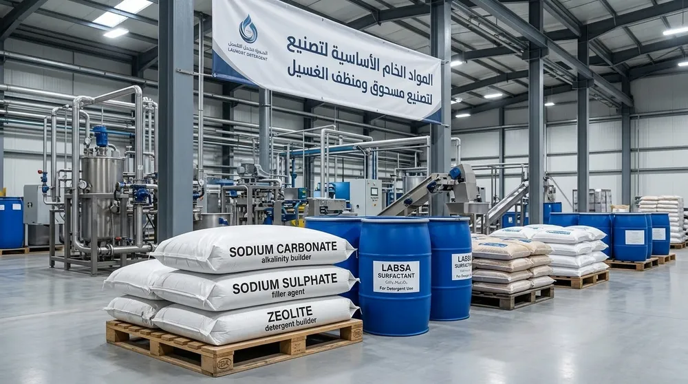 عملية إنتاج منظفات الغسيل — أكياس وبراميل المواد الخام الأساسية من كبريتات الصوديوم والزيولايت وLABSA في مصنع إنتاج المنظفات | Global Formulation