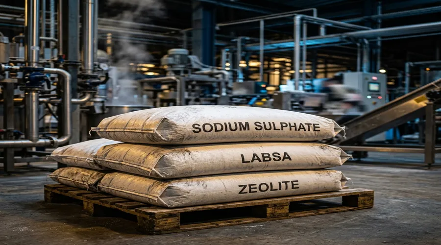 laundry detergent production process — sodium sulphate, LABSA and zeolite raw material bags stacked in a powder detergent production plant | Global Formulation