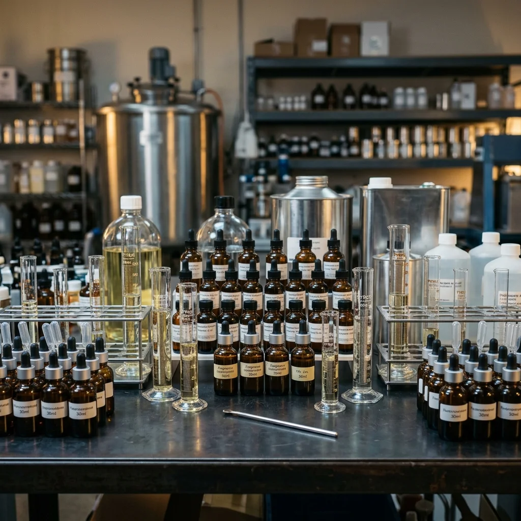 perfume manufacturing business equipment setup — rows of fragrance concentrate bottles and alcohol containers in a perfume blending room | Global Formulation