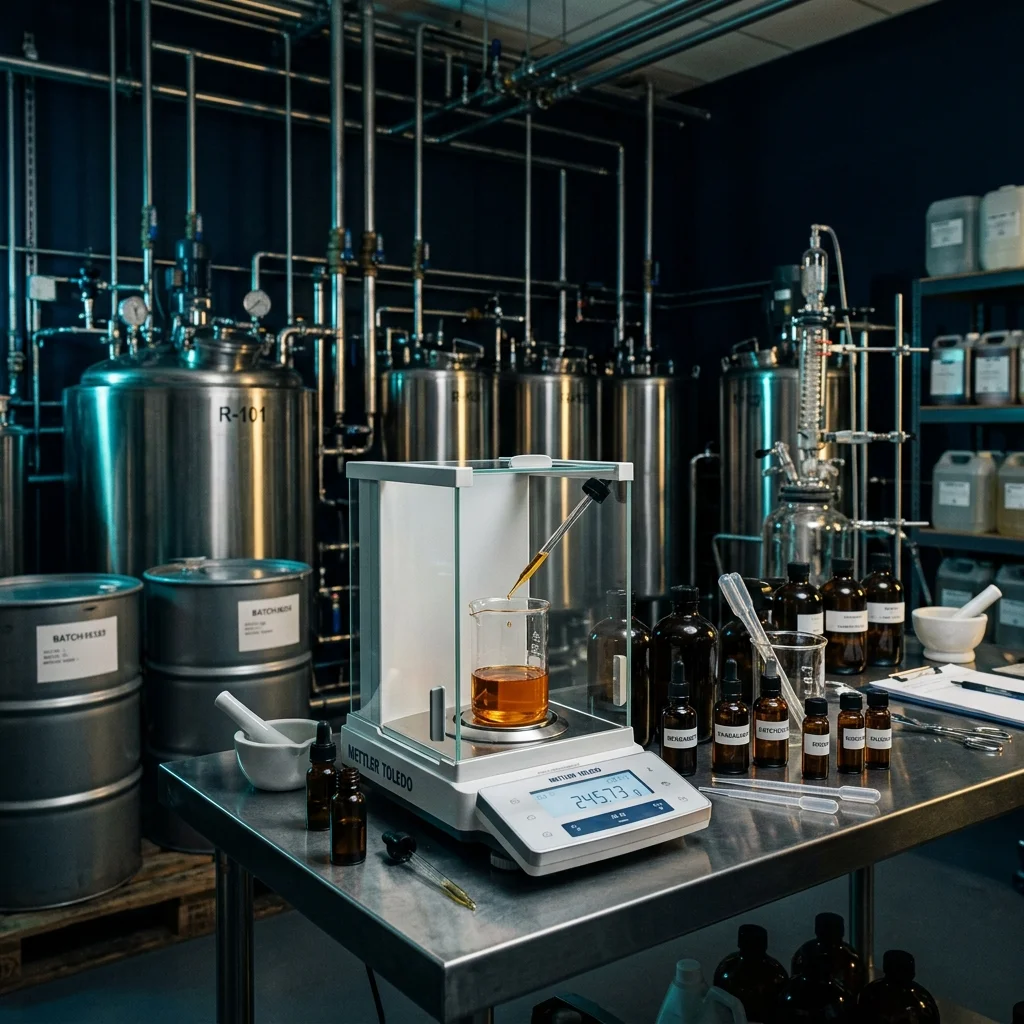 perfume production process — fragrance oil being weighed and blended on a precision laboratory scale in a perfume studio | Global Formulation