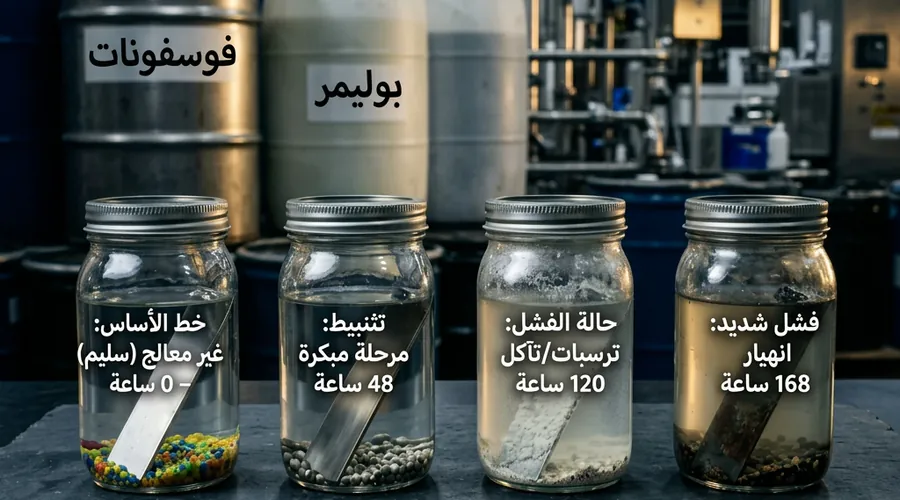 تجهيز معدات تصنيع مثبطات الترسبات — براميل المواد الخام من الفوسفونات والبوليمر على أرضية الإنتاج في مصنع كيماويات معالجة المياه | Global Formulation