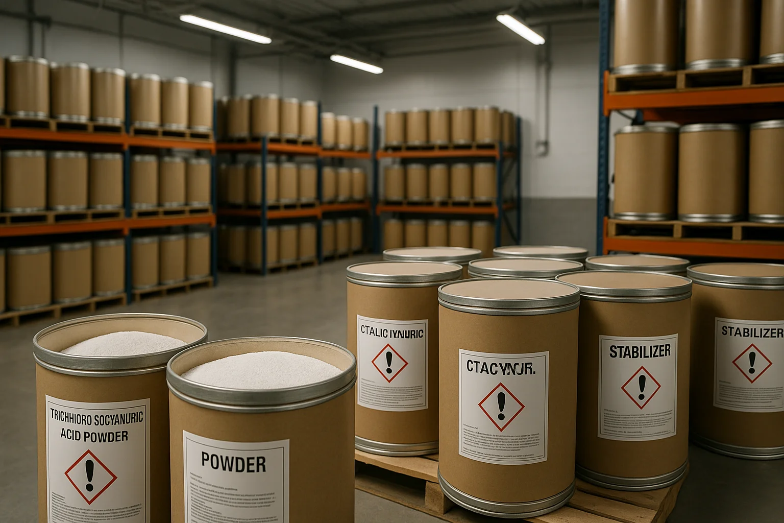 swimming pool chemical manufacturing equipment setup — trichloroisocyanuric acid and stabilizer raw material drums in a pool chemical production facility | Global Formulation